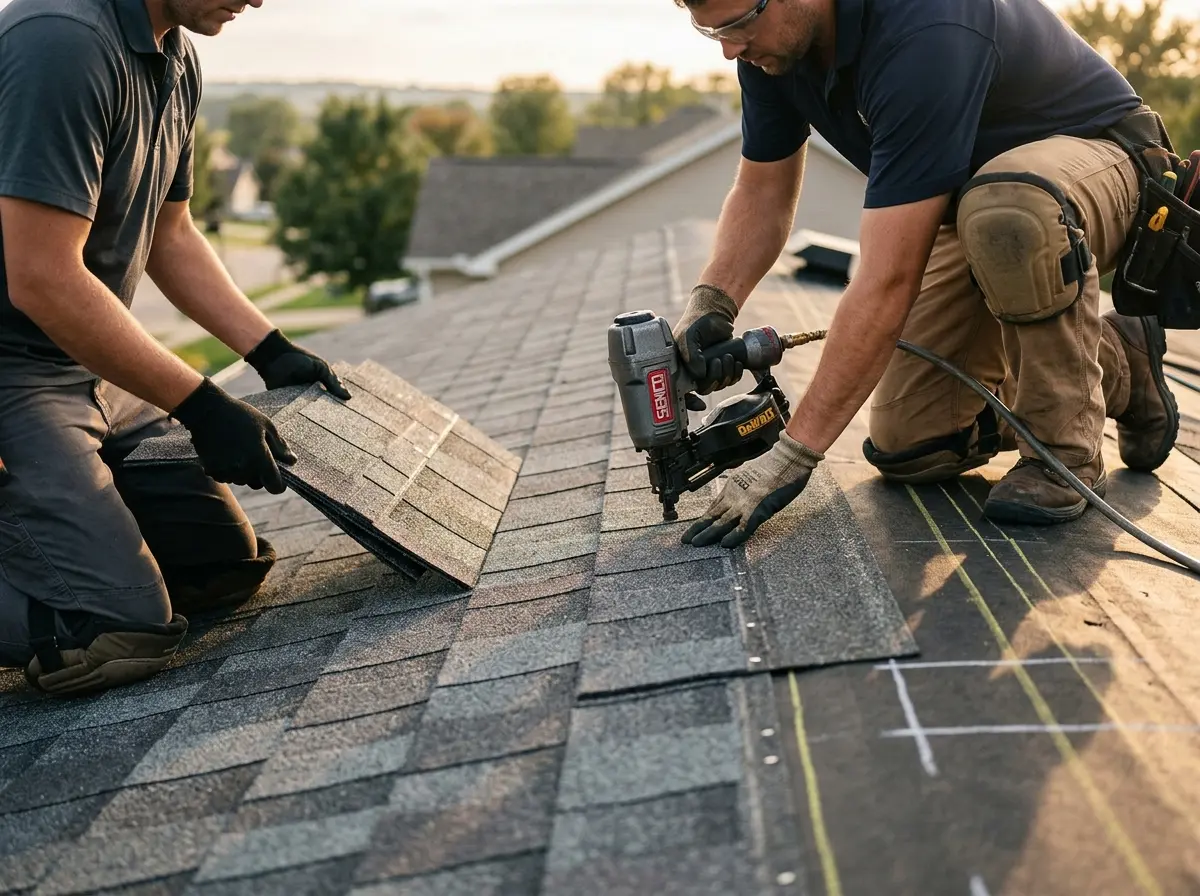 Professional roofer working on a residential roof in Sioux Center